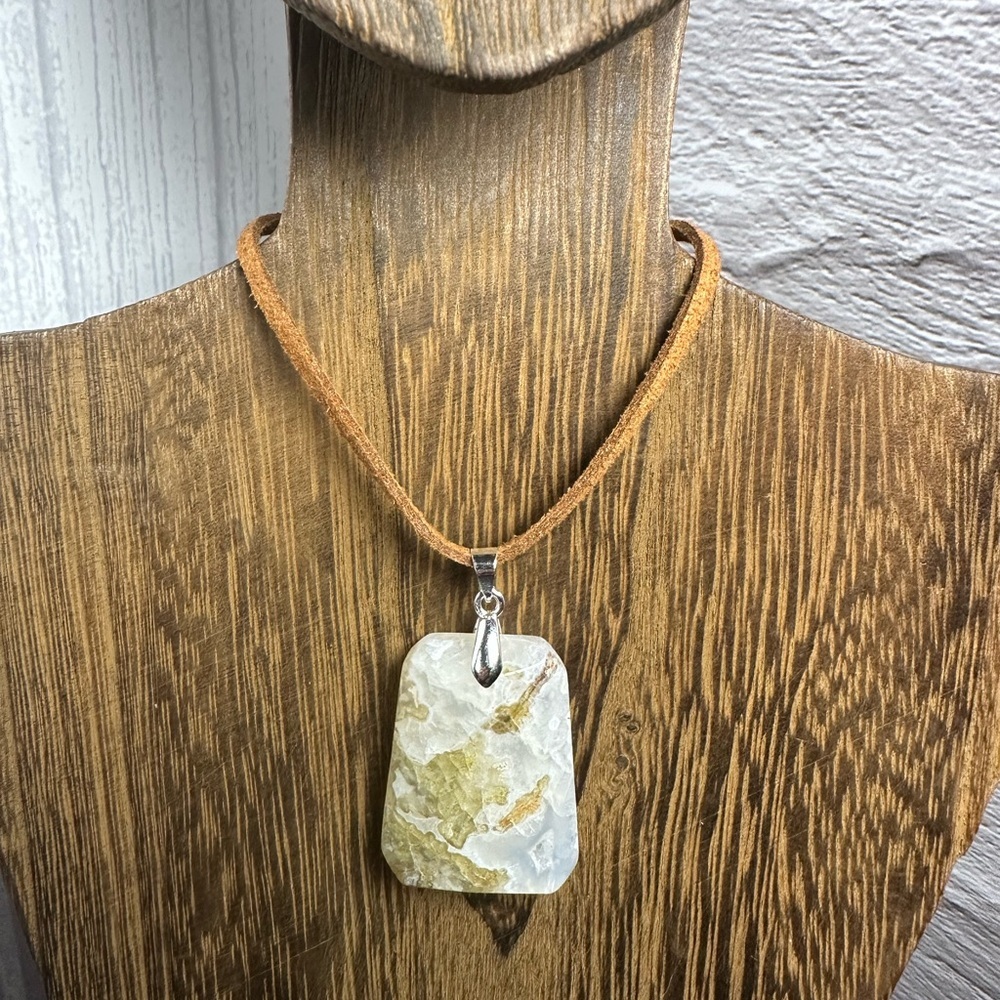 Moss Agate Pendant Necklace on Brown Faux Suede - Picture 2 of 8